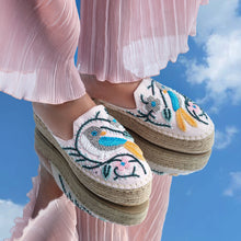 Load image into Gallery viewer, A woman wearing beautiful blush pink platforms exclusive ldies shoes.