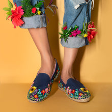 Load image into Gallery viewer, A women posing with beautiful Wildflower Espadrilles Blue ladies shoes.