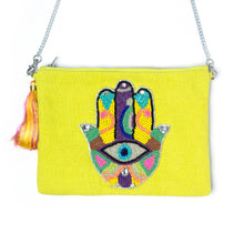 Load image into Gallery viewer, An elegant Hamsa Bag Neon Green handbags for women kept on a white background.