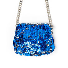 Load image into Gallery viewer, An elegant shimmery Sitara micro bag blue kept on a white background.