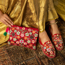 Load image into Gallery viewer, A women posing with beautiful Bageecha Red Bag exclusive handbag for women, which is kept along side of her shoes on the floor.
