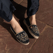 Load image into Gallery viewer, A woman has worn beautiful Diva Black Espadrilles footwear for women, kept upon a ground.