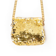 Load image into Gallery viewer, An elegant shimmery Sitara micro bag gold kept on a white background.