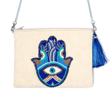 Load image into Gallery viewer, An elegant Hamsa Bag Off White handbags for women kept on a white background.
