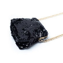 Load image into Gallery viewer, An elegant shimmery Sitara micro bag black kept horizontally towards right side on a white background.