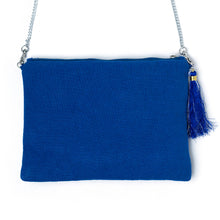 Load image into Gallery viewer, Back side Hamsa Bag Blue handbags for women kept on a white background.