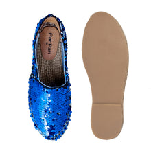 Load image into Gallery viewer, A pair of Sitara Espadrilles Blue, against a white background where one is shown from the sole side.