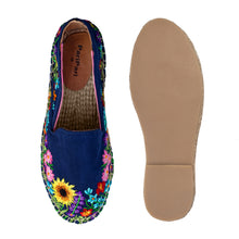 Load image into Gallery viewer, A pair of Wildflower Espadrilles Blue ladies shoes, against a white background where one is shown from the sole side.