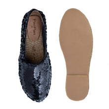 Load image into Gallery viewer, A pair of Sitara Espadrilles Black, against a white background where one is shown from the sole side.