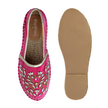 Load image into Gallery viewer, A pair of Diva Rani Pink Espadrilles ladies shoes, against a white background where one is shown from the sole side.