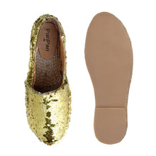 Load image into Gallery viewer, A pair of Sitara Espadrilles Gold, against a white background where one is shown from the sole side