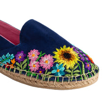Load image into Gallery viewer, A zoomed picture of Wildflower Espadrilles Blue ladies shoes.