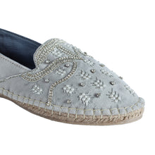 Load image into Gallery viewer, A zoomed one ladies shoes picture of Kaira Silver Espadrilles.