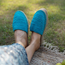 Load image into Gallery viewer, An image of woman wearing Croshia Blue Espadrilles Platform, footwear for women