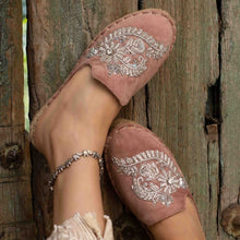 Load image into Gallery viewer, Feet of a model wearing beautiful Ottoman Blush Pink Espadrilles Platform showcasing juttis for women