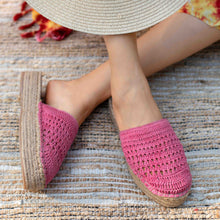 Load image into Gallery viewer, A feet of a model wearing beautiful Croshia Pink Espadrilles Platform showcasing juttis for women