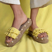 Load image into Gallery viewer, A feet of lady wearing a Majorica Sandals Yellow- Office Wear Ladies Footwear