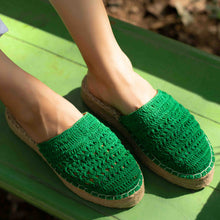 Load image into Gallery viewer, A feet of a model wearing beautiful Croshia Green Espadrilles Platform showcasing juttis for women