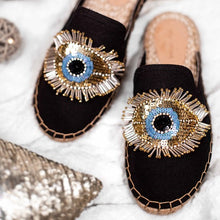 Load image into Gallery viewer, Image of Evil Eye Glare Espadrilles Charcoal Flat, Shoes for women on a white cloth with a golden pillow on side