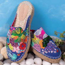Load image into Gallery viewer, Image of Fiji Espadrilles Haut Fabric Lined Platform, Shoes for women on the pebbles against a blue wall