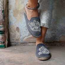 Load image into Gallery viewer, Feet of a model wearing beautiful Ottoman Silver Espadrilles Flats showcasing juttis for women with a kada in the right leg