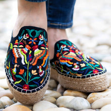 Load image into Gallery viewer, Feet of lady wearing a Diego Espadrilles Chic Charcoal Haut Platform, heels for women