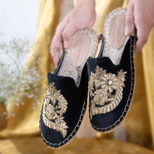 Load image into Gallery viewer, Image of the Ottoman Espadrilles Black Classic Flat, Shoes for women against a gold background