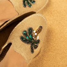 Load image into Gallery viewer, A pair of Coco Beige Espadrilles with palm tree design featuring juttis for women kept on a beige background