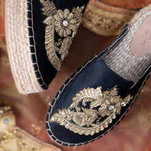 Load image into Gallery viewer, A beautiful image of a Designer Ottoman Espadrilles Black Haut Platform, shoes for Women