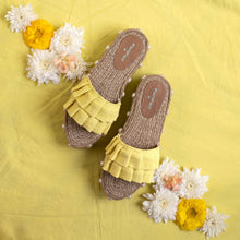 Load image into Gallery viewer, Image of the Majorica Sandals Yellow- Office Wear Ladies Footwear in a yellow floral background