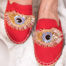 Load image into Gallery viewer, Image of Glare Espadrilles Crimson Evil-Eye Flat, Shoes for women on a white cloth