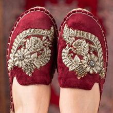 Load image into Gallery viewer, A feet of lady wearing a Ottoman Espadrilles Burgundy Flat for Marriage, shoes for Women