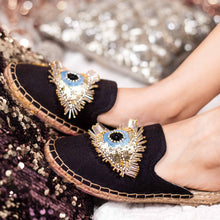 Load image into Gallery viewer, Feet of women wearing a Evil Eye Glare Espadrilles Charcoal Flat, shoes for Women