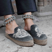 Load image into Gallery viewer, Feet of a model wearing beautiful Ottoman Silver Espadrilles Platform showcasing footwear for women with Payals in both the legs