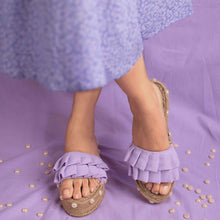 Load image into Gallery viewer, Image of the Majorica Sandals Lavender Open Toe, Ladies Footwear in a yellow floral background