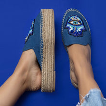 Load image into Gallery viewer, a pair of Hamsa blue espadrilles Platform having evil eye protector design, kept against a blue background