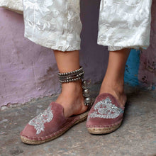Load image into Gallery viewer, Feet of a model wearing beautiful Ottoman Blush Pink Espadrilles Flats showcasing juttis for women with a kada in the right leg standing on a staircase