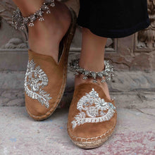 Load image into Gallery viewer, Feet of a model wearing beautiful Ottoman Tan Espadrilles Flats showcasing juttis for women with a kada in the right leg standing on a staircase
