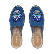 Load image into Gallery viewer, a pair of Hamsa blue espadrilles Platform having evil eye protector design, kept on a white background.