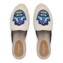 Load image into Gallery viewer, a pair of Hamsa off-white espadrilles flats having evil eye protector design on a white background