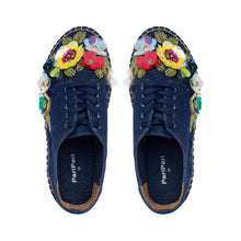 Load image into Gallery viewer, A pair of blue espadrilles decorated with colorful flowers on a white background.