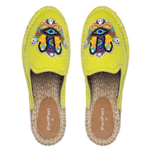 Load image into Gallery viewer, a pair of Hamsa green espadrilles flats having evil eye protector design, kept on a white background.