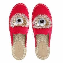 Load image into Gallery viewer, A pair of Glare Espadrilles Crimson Evil-Eye Flat, juttis for women against a white background