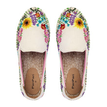 Load image into Gallery viewer, A pair of colorful embroidered Espadrilles on a white background.