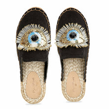 Load image into Gallery viewer, A pair of Evil Eye Glare Espadrilles Charcoal Flat, juttis for women against a white background