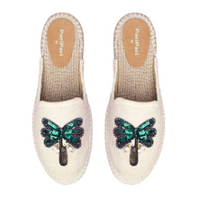 Load image into Gallery viewer, A pair of coco off-white espadrilles platform with a green palm tree on top of it lying on a white background