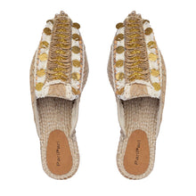 Load image into Gallery viewer, Photo of a pair of Ibiza Espadrilles Flats, featuring a beige canvas upper with yellow and silver stripes on the platform sole. The shoes have a rounded toe.