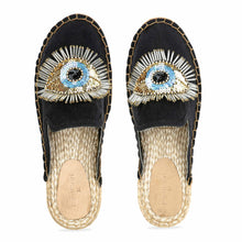 Load image into Gallery viewer, A pair of Sleek Evil Eye Glare Espadrilles Charcoal Haut Platform, juttis for women against a white background