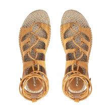 Load image into Gallery viewer, Photo of a pair of tan Gladiator Sandals, featuring multiple straps on a white background.
