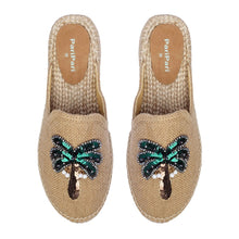 Load image into Gallery viewer, A pair of Coco Beige Espadrilles with palm tree design featuring juttis for women kept on a white background